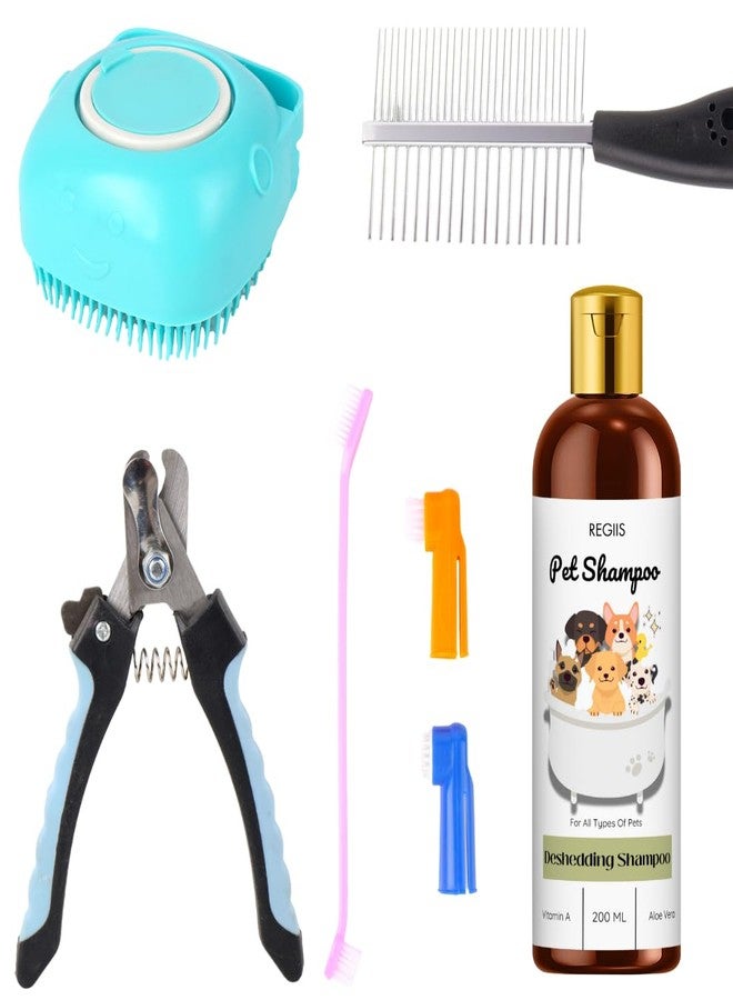 REGIS Pet Grooming Kit, 5-Piece Dog Grooming Set with Deshedding Brush, Nail Clippers, Metal Comb, Finger Toothbrushes, Deshedding Shampoo, 200ml